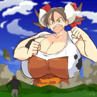 breasts drawing giantess horns color cleavage anime huge_breasts angry brunette yellow_eyes animation looking_down open_mouth voluptuous cow_girl monster_girl looking_at_tiny shaking hataraki sukimi furious