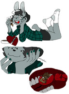 drawing giantess feet vore furry anthro comic black_hair color tongue bunny_ears bunny licking saliva smiling lying_down short_hair shorts heart medium_length_hair open_mouth thighs bunny_girl dripping chocolate imminent_vore internal_view no_background beanie looking_at_tiny flannel unusual_pupils emmacat64