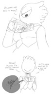 breasts drawing giantess furry comic monochrome cleavage demon breast_crush low_angle tie looking_down close_up secretary dialogue no_background looking_at_tiny cyclops iris_(ethan64) emmacat64