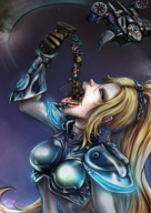 breasts drawing giantess vore blonde space color long_hair tongue saliva green_eyes spaceship ponytail starcraft open_mouth dangle dripping imminent_vore spacesuit looking_at_tiny multiple_prey overwatch maximumimpulse heroes_of_the_storm tracer_(overwatch)