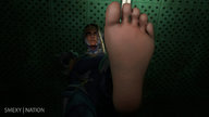 toes barefoot soles low_angle looking_down dark_skin point_of_view raised_foot impending_doom digital_render