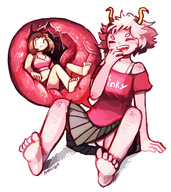 drawing giantess panties feet vore blushing horns color barefoot skirt brunette pink_hair sitting belly medium_length_hair shrunken_woman laughing open_mouth stomach_view internal_view no_background pink_skin my_hero_academia mina_ashido rururururus ochaco_uraraka