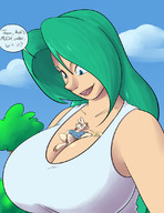 breasts drawing growth gentle giantess comic color long_hair blue_eyes cleavage huge_breasts smiling green_hair looking_down voluptuous top dialogue panels goattrain between_breasts