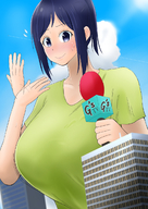 breasts drawing giantess blushing city mega color buildings anime blue_hair huge_breasts sweat smiling medium_length_hair looking_down voluptuous microphone reporter オレンジ orenji