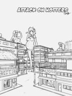 breasts drawing giantess panties vore blushing horns city monochrome large_breasts long_hair tongue demon smiling demoness medium_length_hair open_mouth giantesses dangle piercing voluptuous long_ears burp nipple_piercing big_belly multiple_prey mabeelz bade_midriff