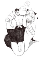 drawing giantess feet blushing monochrome long_hair barefoot anime smiling bondage sitting foot_crush heart pinned no_background looking_at_tiny heh030