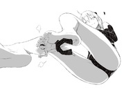 drawing giantess crush panties feet blushing monochrome long_hair barefoot anime low_angle smiling foot_crush heart looking_down pinned no_background looking_at_tiny smug heh030