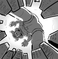 breasts drawing giantess city mega monochrome large_breasts butt buildings low_angle smiling shorts looking_down thighs voluptuous point_of_view fupoo
