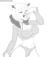 breasts drawing giantess vore blushing monochrome large_breasts tongue butt cleavage short_hair belly medium_length_hair open_mouth dangle thighs fairy_tail canime no_background looking_at_tiny lucy_heartfilia brandish