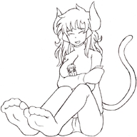 breasts drawing gentle giantess panties feet horns tail monochrome long_hair anime stockings smiling sitting bethoncer hugging voluptuous closed_eyes monster_girl no_background