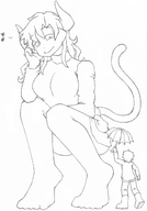 drawing giantess horns monochrome long_hair anime stockings smiling squatting bethoncer looking_down sweater monster_girl umbrella multiple_tails no_background looking_at_tiny