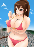 bikini drawing giantess city mega color large_breasts long_hair destruction cleavage brunette ponytail outdoors オレンジ orenji between_breasts