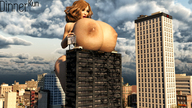 giantess nude city long_hair destruction huge_breasts breast_crush brunette outdoors digital_render dinner-kun