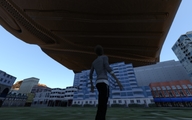giantess city low_angle outdoors raised_foot impending_doom digital_render