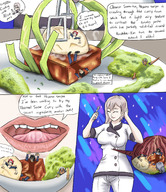 drawing vore comic color brunette red_hair short_hair looking_down indoors cooking dialogue panels giantwaifus cheese_grater