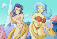 bikini drawing giantess city color purple_hair blue_hair giantesses dancing goattrain