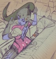 drawing giantess mega color butt ponytail between_cheeks purple_skin kononiko overwatch widowmaker tracer_(overwatch)