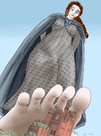 drawing giantess feet mega color blue_eyes toes castle red_hair dress braid cape game_of_thrones kings_landing sansa_stark giantwaifus