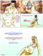 drawing vore comic color long_hair underwear digestion sitting shrunken_man dialogue panels no_background big_belly