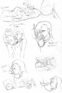 drawing vore monochrome long_hair giant male couple blowjob open_mouth
