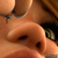 green_eyes couple shrunken_woman close_up nose dangle voluptuous freckles nostrils looking_at_tiny digital_render opal ashkiiwolf