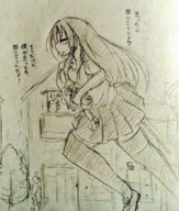drawing giantess blushing city monochrome long_hair handheld skirt buildings stockings tree uniform running sketch thighs japanese_text dialogue bowtie ulzakino