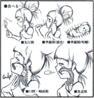 breasts drawing giantess vore blushing comic monochrome long_hair tongue saliva anime bulge swallowed dripping japanese_text top internal_view sigh throat_bulge no_background looking_at_tiny escapement9