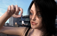 giantess city black_hair long_hair clothed smiling holding outdoors upside_down pinched digital_render jamesmason0