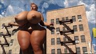 giantess nude city huge_breasts open_mouth dark_skin outdoors closed_eyes thick_thighs digital_render