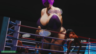 giantess cleavage purple_hair huge_breasts underwear short_hair mini_giantess fighting looking_down indoors crouching dialogue wrestling_ring thick_thighs digital_render gtsx3d