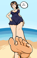drawing giantess feet color one_piece toes barefoot cleavage soles point_of_view jj-psychotic