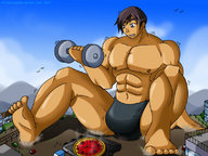 city giant sitting muscles belly abs looking_down speedo thighs cock_bulge