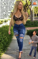 collage small_man size_difference blonde long_hair cleavage story amazon squeezemeflat sidewalk imminent_crush torn_jeans looking_at_tiny