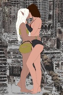 drawing giantess white_hair feet city color long_hair destruction barefoot buildings brunette love short_hair unknown_artist kissing lesbians giantesses outdoors closed_eyes ankle_bracelet bracelet semi_nude source_needed pointed_ears big_and_small la_belleza_descalza bare_legs bare_midriff aiko_the_giantess