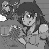 breasts drawing vore blushing monochrome large_breasts long_hair tongue saliva smiling glass looking_down close_up voluptuous bar beer licking_lips commission long_ears vaderaz imminent_vore looking_at_tiny