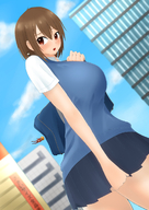 drawing giantess blushing city color skirt huge_breasts short_hair walking outdoors backpack on_shoulder orenji