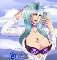 drawing color long_hair cleavage bra blue_hair huge_breasts phone choker selfie between_breasts