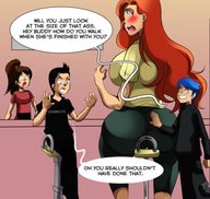 drawing color large_breasts long_hair clothed brunette red_hair sitting surprised amazon cartoon bar looking_back touching dialogue