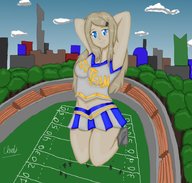 drawing giantess city blonde color blue_eyes cheerleader kneeling looking_down football_field whitestormclouds