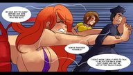 drawing comic color long_hair clothed bra huge_breasts red_hair mini_giantess pulling dialogue