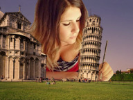 breasts giantess collage mega long_hair destruction cleavage brunette lying_down outdoors pisa crowds leaning_tower_of_pisa nose_piercing