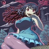 drawing giantess horns color large_breasts red_eyes castle dress witch looking_down point_of_view looking_at_viewer momodora lubella 迅雷 jinrai momodora_reverie_under_the_moonlight lubella_the_witch_of_decay