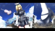 drawing giantess city blonde color large_breasts long_hair destruction skirt yellow_eyes socks looking_down outdoors
