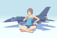 drawing giantess color barefoot brunette military ice_cream short_hair sitting shorts jets food top popsicle