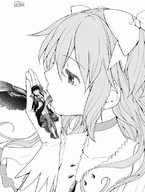 drawing giantess wings monochrome black_hair long_hair tongue licking high_heels goddess gloves puella_magi_madoka_magica source_needed no_background akemi_homura madoka_kaname on_palm