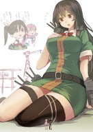 drawing giantess black_hair color large_breasts long_hair clothed skirt sitting looking_down japanese_text dialogue utopia thick_thighs no_background
