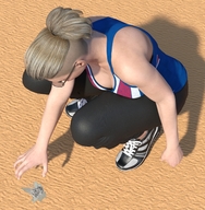 giantess giga blonde clothed cleavage ponytail reaching sunglasses sneakers outdoors crouching micro_city boomgts digital_render
