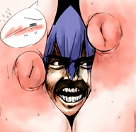 drawing nipples color blue_hair angry sweat embarrassed short_hair parody the_shining between_breasts