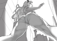 breasts drawing giantess horns city monochrome long_hair butt buildings anime low_angle sketch looking_down thighs point_of_view looking_back thick_thighs my_hero_academia thegoldensmurf mt._lady
