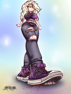 breasts drawing giantess crush blonde color large_breasts long_hair shoes blood low_angle gore foot_crush belly walking unaware voluptuous converse ripped_clothing ripped_jeans no_background sector316